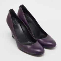 Pre Owned Gucci Purple Leather Wedge Round Toe Pumps Size 38.5