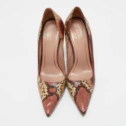 Pre Owned Gucci Brown/Cream Python Leather Pointed Toe Pumps Size 38