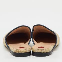 Pre Owned Gucci Beige/Blue GG Raffia and Leather Princetown Horsebit Flat Mules Size 38.5