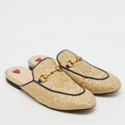 Pre Owned Gucci Beige/Blue GG Raffia and Leather Princetown Horsebit Flat Mules Size 38.5