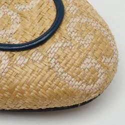 Pre Owned Gucci Beige/Blue GG Raffia and Leather Princetown Horsebit Flat Mules Size 38.5