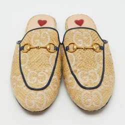 Pre Owned Gucci Beige/Blue GG Raffia and Leather Princetown Horsebit Flat Mules Size 38.5