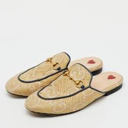 Pre Owned Gucci Beige/Blue GG Raffia and Leather Princetown Horsebit Flat Mules Size 38.5