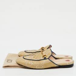 Pre Owned Gucci Beige/Blue GG Raffia and Leather Princetown Horsebit Flat Mules Size 38.5