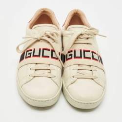 Pre Owned Gucci White Leather New Ace Logo Strap Sneaker Size 38