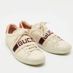 Pre Owned Gucci White Leather New Ace Logo Strap Sneaker Size 38