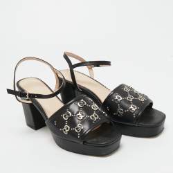 Pre Owned Gucci Black Leather Janaya GG Ankle Strap Sandals Size 40