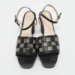 Pre Owned Gucci Black Leather Janaya GG Ankle Strap Sandals Size 40
