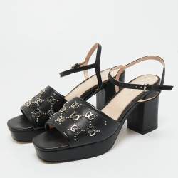 Pre Owned Gucci Black Leather Janaya GG Ankle Strap Sandals Size 40