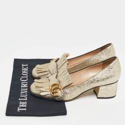 Pre Owned Gucci Metallic Gold Leather GG Marmont Block Heel Pumps Size 37.5