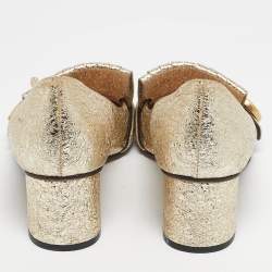 Pre Owned Gucci Metallic Gold Leather GG Marmont Block Heel Pumps Size 37.5