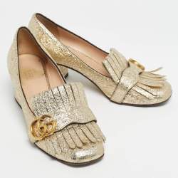 Pre Owned Gucci Metallic Gold Leather GG Marmont Block Heel Pumps Size 37.5