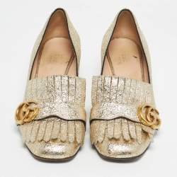 Pre Owned Gucci Metallic Gold Leather GG Marmont Block Heel Pumps Size 37.5