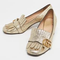 Pre Owned Gucci Metallic Gold Leather GG Marmont Block Heel Pumps Size 37.5