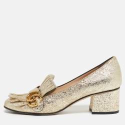Pre Owned Gucci Metallic Gold Leather GG Marmont Block Heel Pumps Size 37.5
