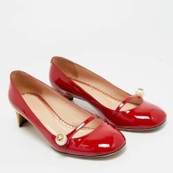 Pre Owned Gucci Red Patent Leather Interlocking G Pearl Pumps Size 38.5