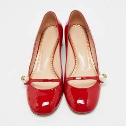 Pre Owned Gucci Red Patent Leather Interlocking G Pearl Pumps Size 38.5