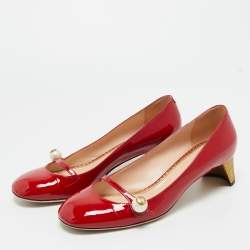 Pre Owned Gucci Red Patent Leather Interlocking G Pearl Pumps Size 38.5