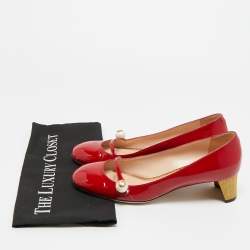 Pre Owned Gucci Red Patent Leather Interlocking G Pearl Pumps Size 38.5