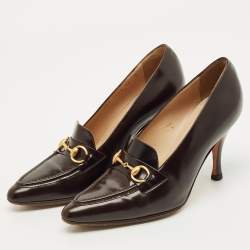 Pre Owned Gucci Dark Brown Leather Horsebit Pointed Toe Loafer Pumps Size 36