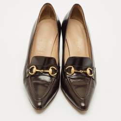 Pre Owned Gucci Dark Brown Leather Horsebit Pointed Toe Loafer Pumps Size 36