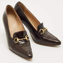 Pre Owned Gucci Dark Brown Leather Horsebit Pointed Toe Loafer Pumps Size 36