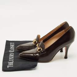 Pre Owned Gucci Dark Brown Leather Horsebit Pointed Toe Loafer Pumps Size 36