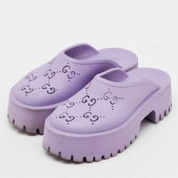 Pre Owned Gucci Purple Rubber GG Perforated Platform Mules Size 37