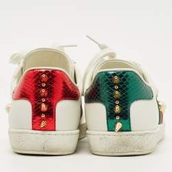 Pre Owned Gucci White Leather and Python Embossed Pearl Studded Ace Sneakers Size 38