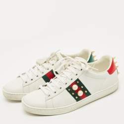 Pre Owned Gucci White Leather and Python Embossed Pearl Studded Ace Sneakers Size 38