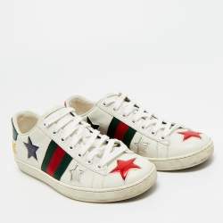 Pre Owned Gucci White Leather and Snakeskin Embossed Ace Lace Up Sneakers Size 36