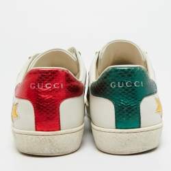 Pre Owned Gucci White Leather and Snakeskin Embossed Ace Lace Up Sneakers Size 36