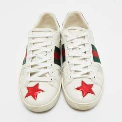 Pre Owned Gucci White Leather and Snakeskin Embossed Ace Lace Up Sneakers Size 36