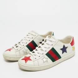 Pre Owned Gucci White Leather and Snakeskin Embossed Ace Lace Up Sneakers Size 36