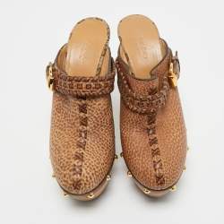 Pre Owned Gucci Brown GG Leather Janis Studded Platform Clogs Size 35.5