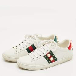 Pre Owned Gucci White Leather Pearl Embellished Ace Sneakers Size 37
