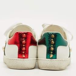 Pre Owned Gucci White Leather Pearl Embellished Ace Sneakers Size 37