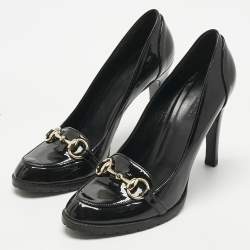 Pre Owned حذاء كعب عالي غوتشي هورسيبت جلد أسود لامع مقاس 37