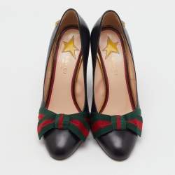 مملوكة مسبقًا Gucci Black Leather Aline Web Bow Block Heel Pumps Size 38