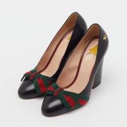 مملوكة مسبقًا Gucci Black Leather Aline Web Bow Block Heel Pumps Size 38