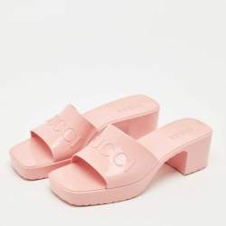 Pre Owned Gucci Pink Rubber Embossed Logo Block Heel Slide Sandals Size 39