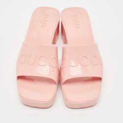 Pre Owned Gucci Pink Rubber Embossed Logo Block Heel Slide Sandals Size 39