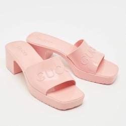 Pre Owned Gucci Pink Rubber Embossed Logo Block Heel Slide Sandals Size 39