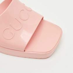 Pre Owned Gucci Pink Rubber Embossed Logo Block Heel Slide Sandals Size 39