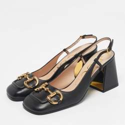 Pre Owned Gucci Black Leather Horsebit Block Heel Slingback Pumps Size 37