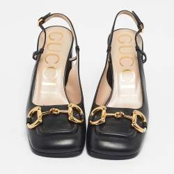 Pre Owned Gucci Black Leather Horsebit Block Heel Slingback Pumps Size 37