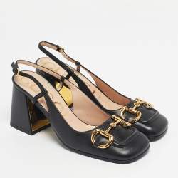 Pre Owned Gucci Black Leather Horsebit Block Heel Slingback Pumps Size 37