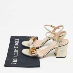 مملوكة مسبقًا صندل كعب كتلة مع حزام كاحل جلد غوتشي GG ذهبي متلألئ مقاس 36