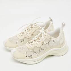 Pre Owned Gucci Cream Mesh and Suede Crystal Embellished Run Sneakers Size 36.5