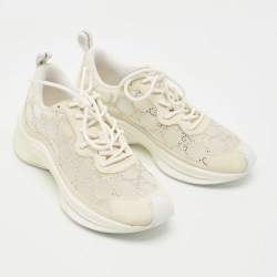 Pre Owned Gucci Cream Mesh and Suede Crystal Embellished Run Sneakers Size 36.5